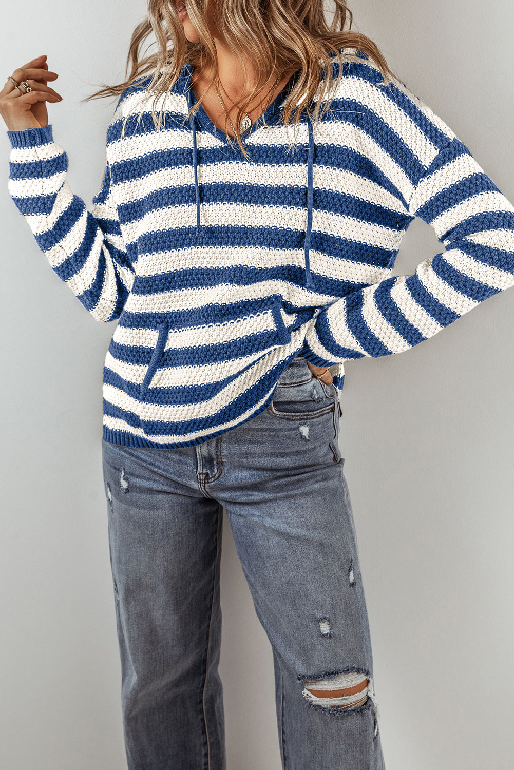 Blue Stripe Kangaroo Pocket Hooded Sweater