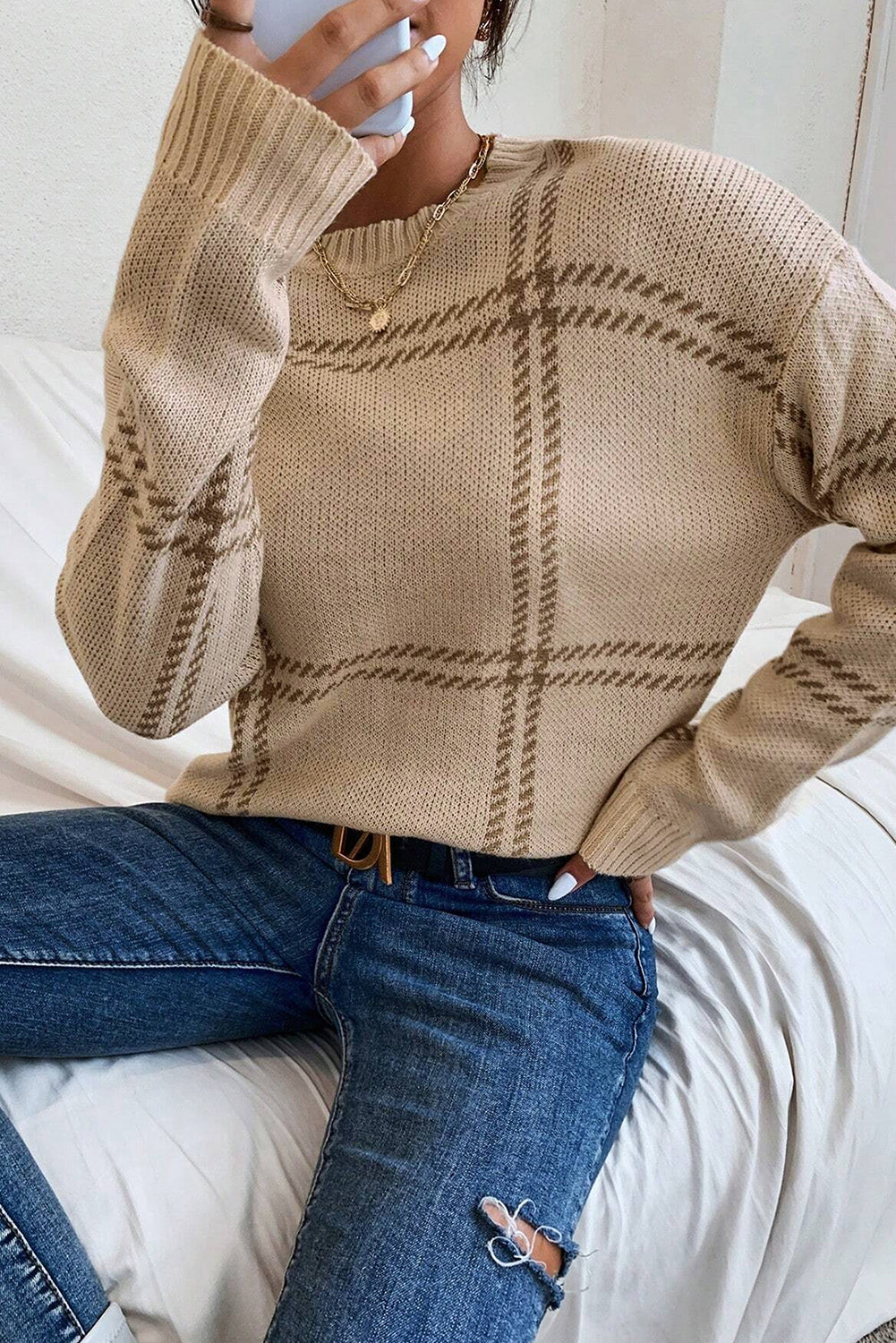 Khaki Plaid Pattern Knitted Drop Shoulder Sweater