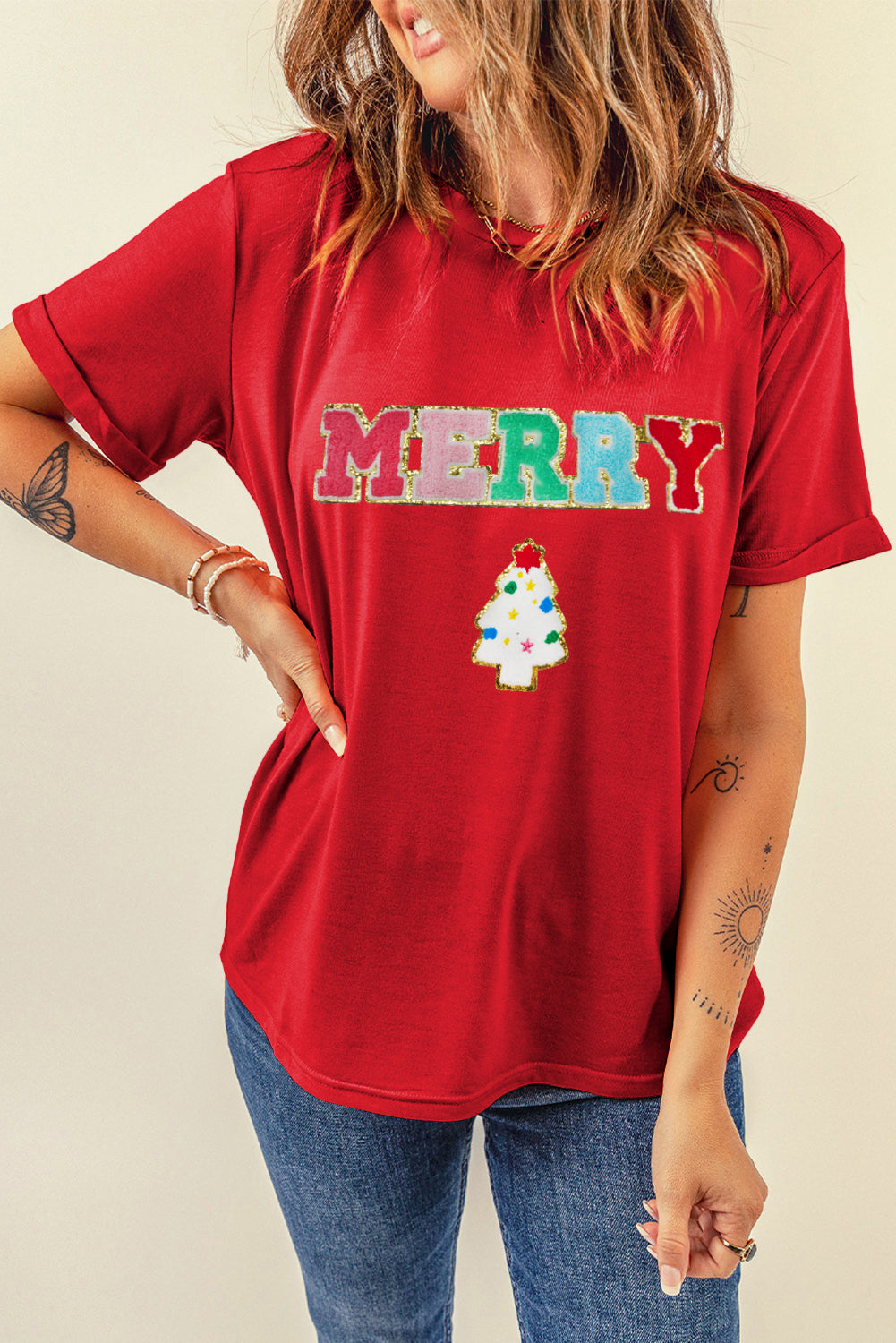 Red MERRY Christmas Tree Round Neck Tee