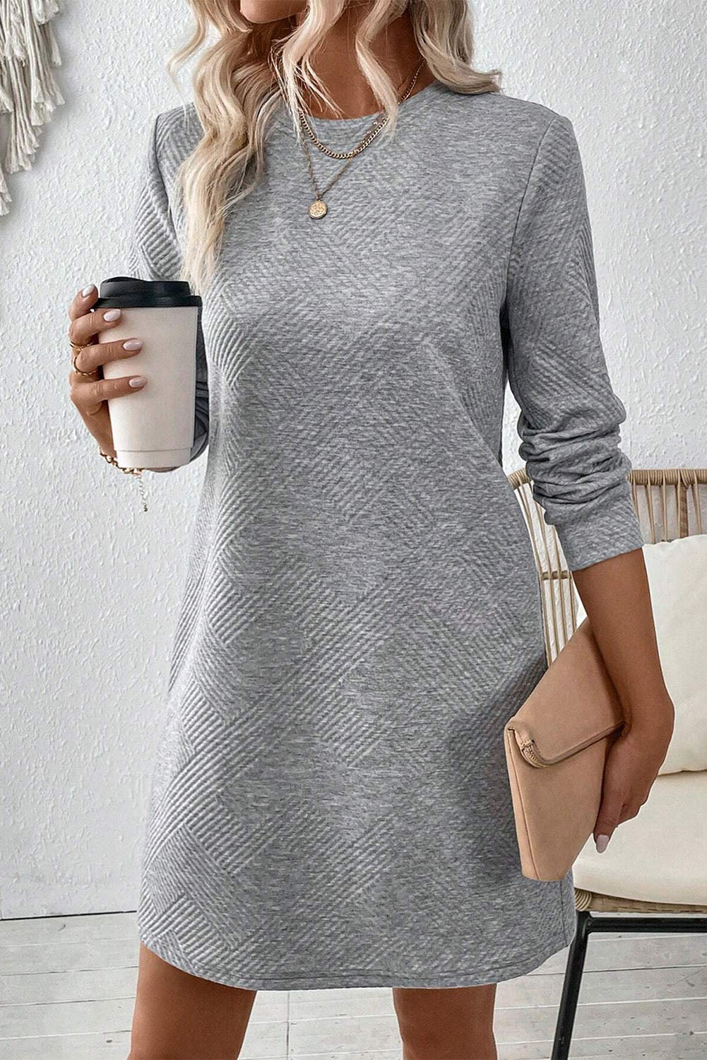 Solid Color Textured Long Sleeve Shift Short Dress