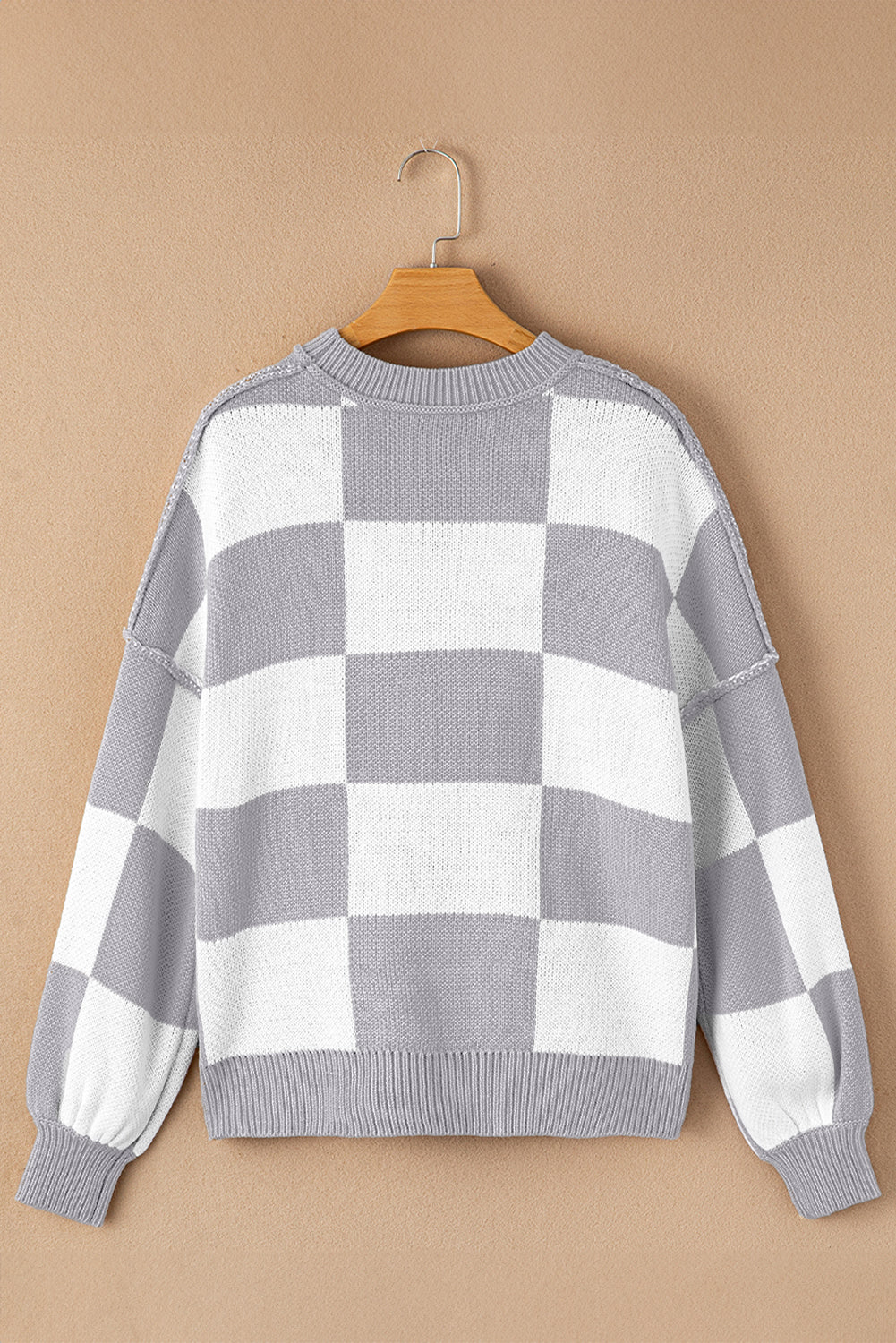 Checkered Bishop Sleeve Pullover Sweater