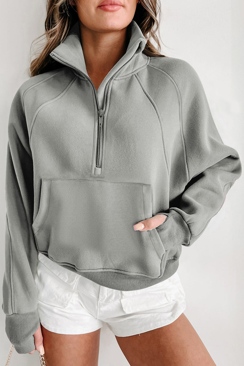 Zip Up Stand Collar Thumbhole Sleeve Sweatshirt