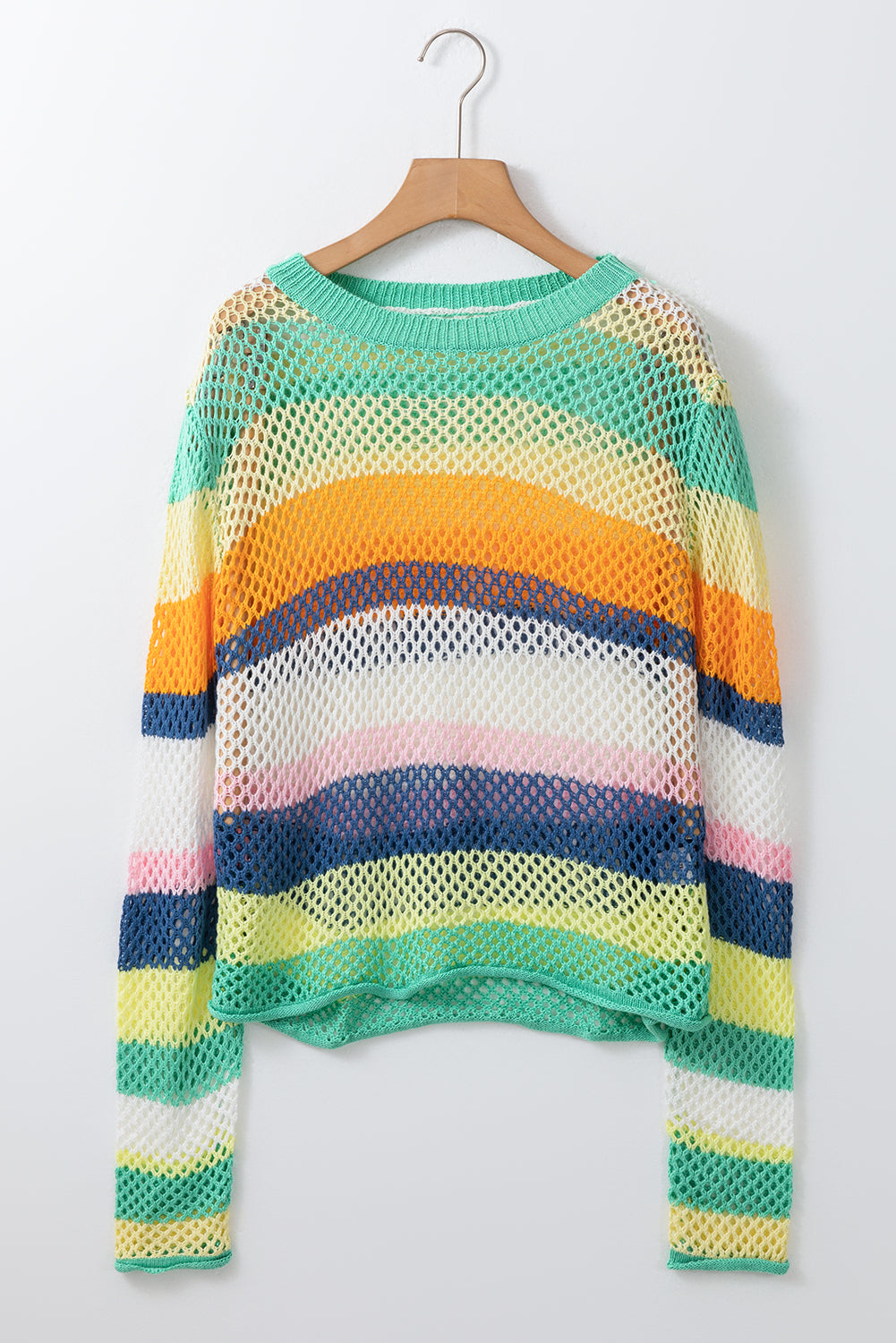 Green Colorblock Striped Hollow Knitted Top