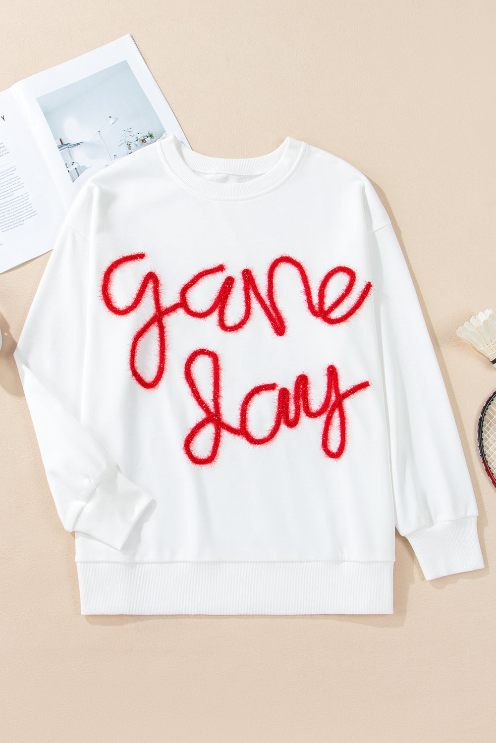 White Tinsel Game Day Drop Shoulder Sweatshirt