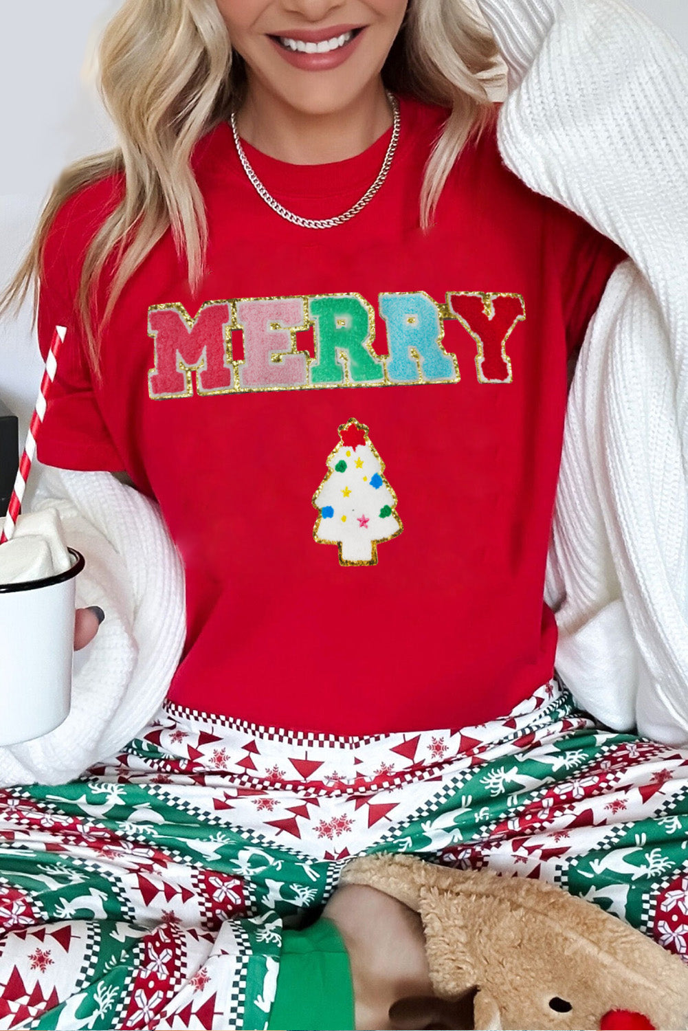 Red MERRY Christmas Tree Round Neck Tee