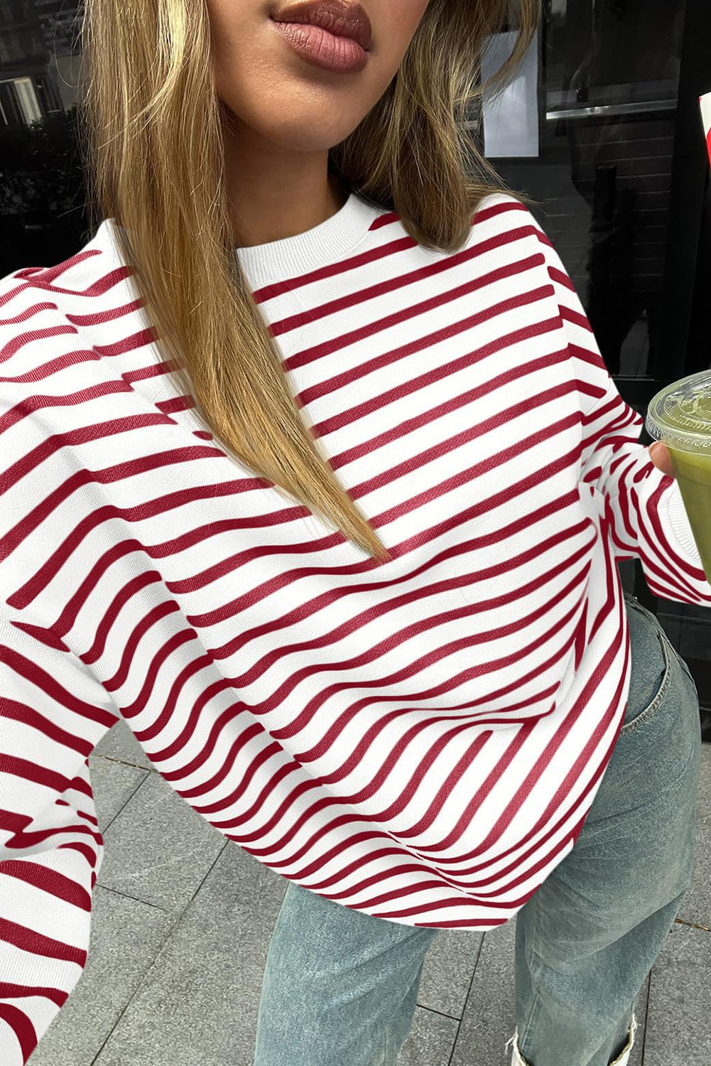 Burgundy Striped Long Sleeve Round Neck Loose Fit Sweatshirt