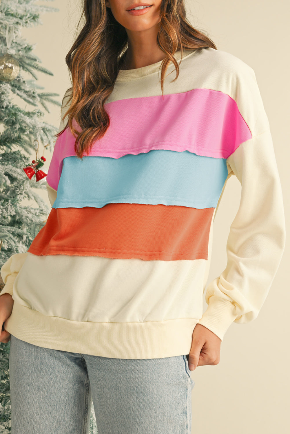 White Colorblock Patchwork Drop Sleeve Sweatshirt