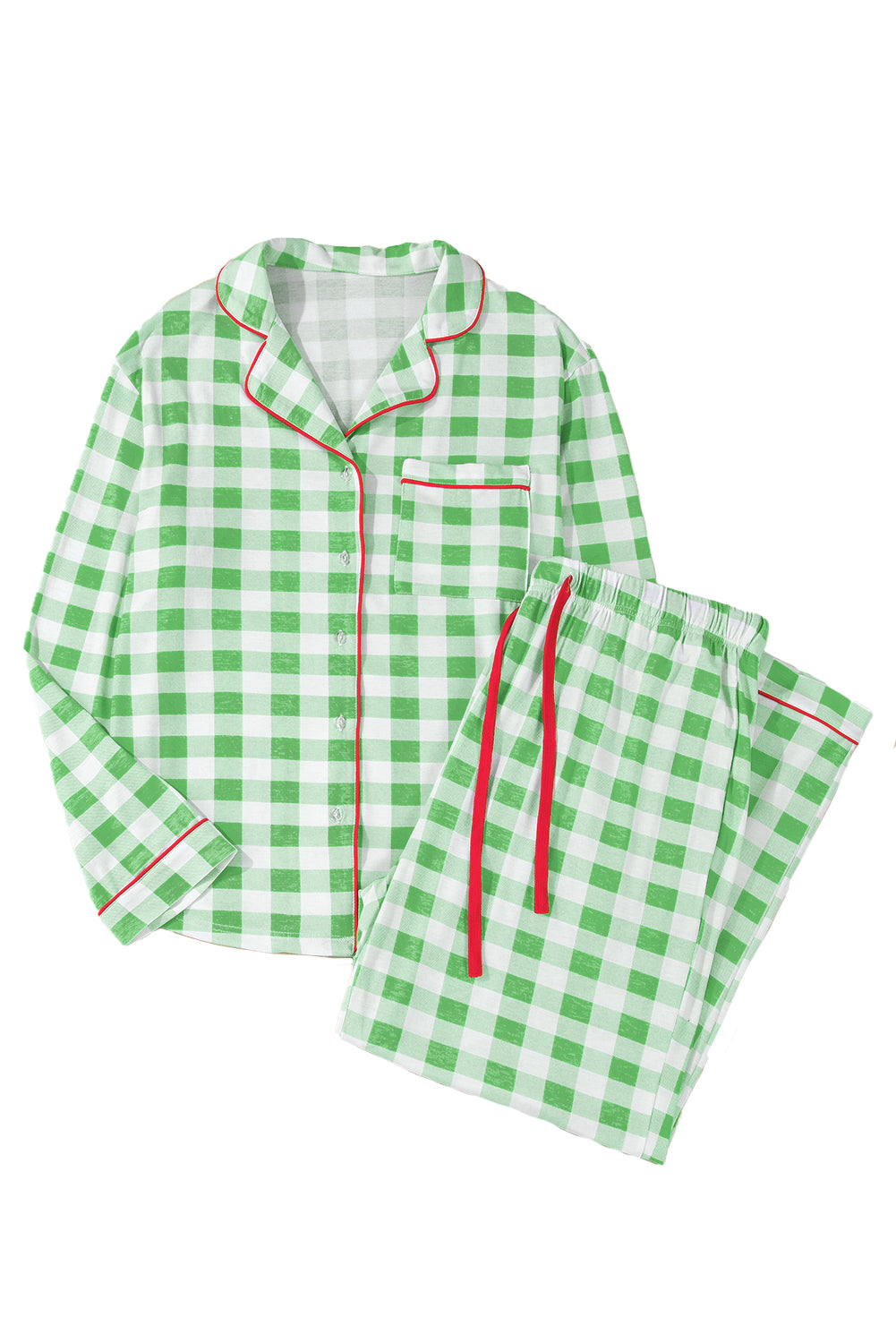 Green Plaid Holiday Print Piping Trim Long Sleeve Pajama Set