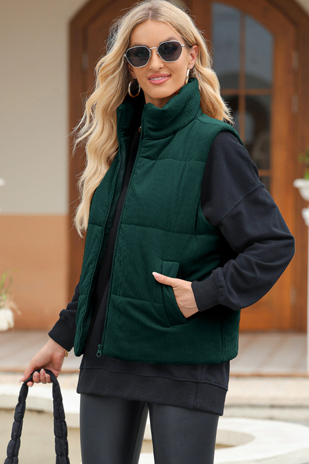 Coffee Solid Color Corduroy Puffer Vest Coat