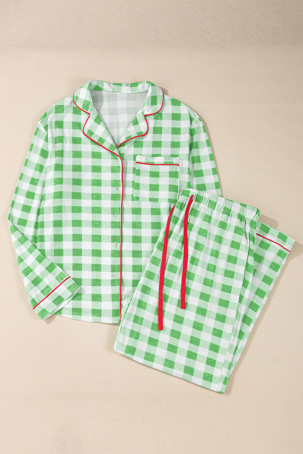 Green Plaid Holiday Print Piping Trim Long Sleeve Pajama Set