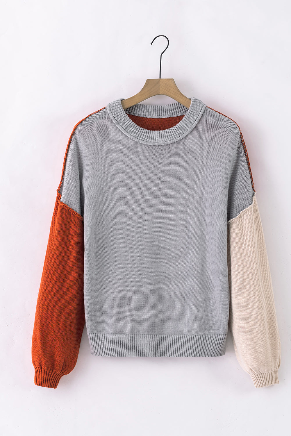 Gray Colorblock Bishop Sleeve Exposed Seam Ribbed Sweater