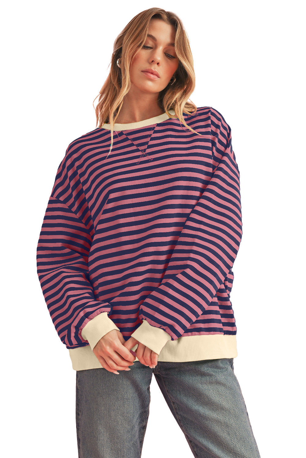 Red Stripe Contrast Edge Oversized Pullover