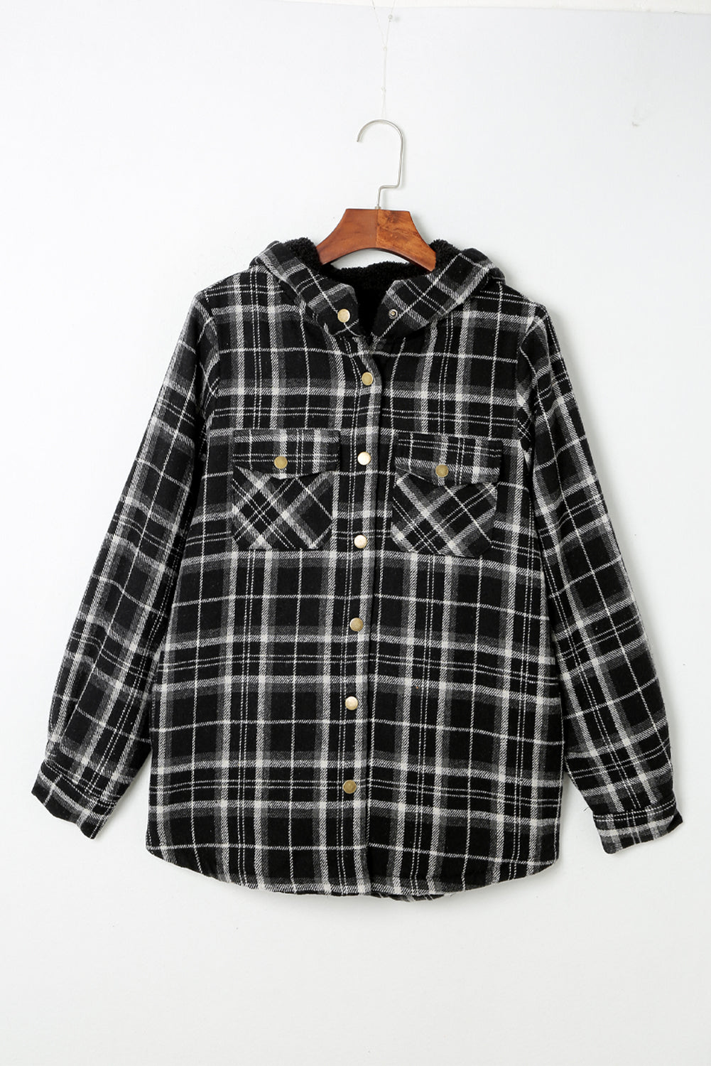 Snap Button Sherpa Lined Hooded Flannel Jacket