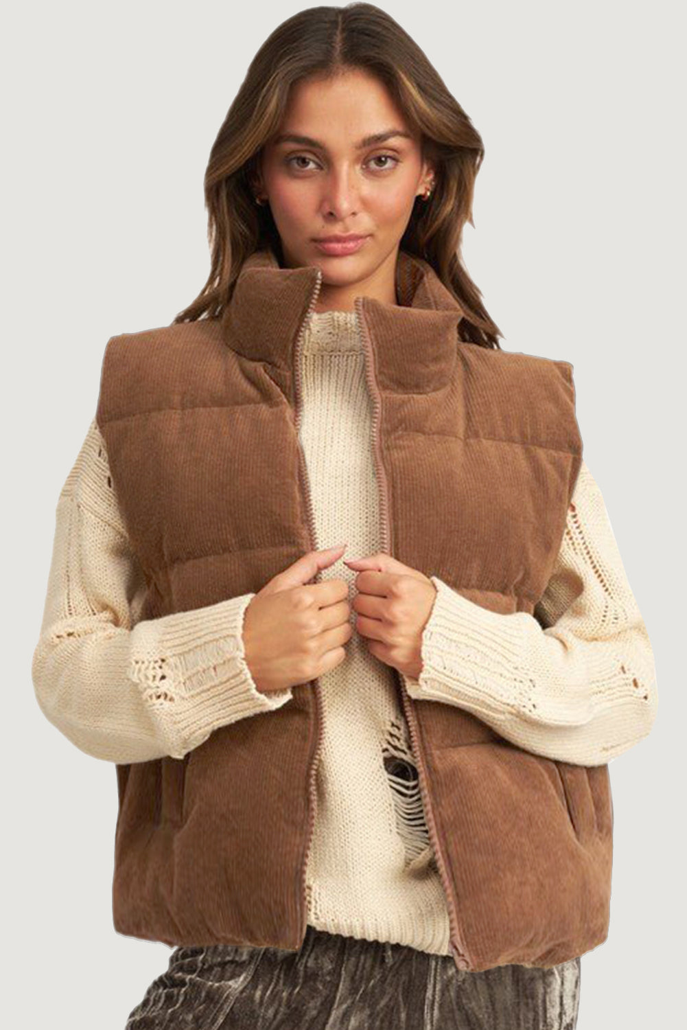 Coffee Solid Color Corduroy Puffer Vest Coat