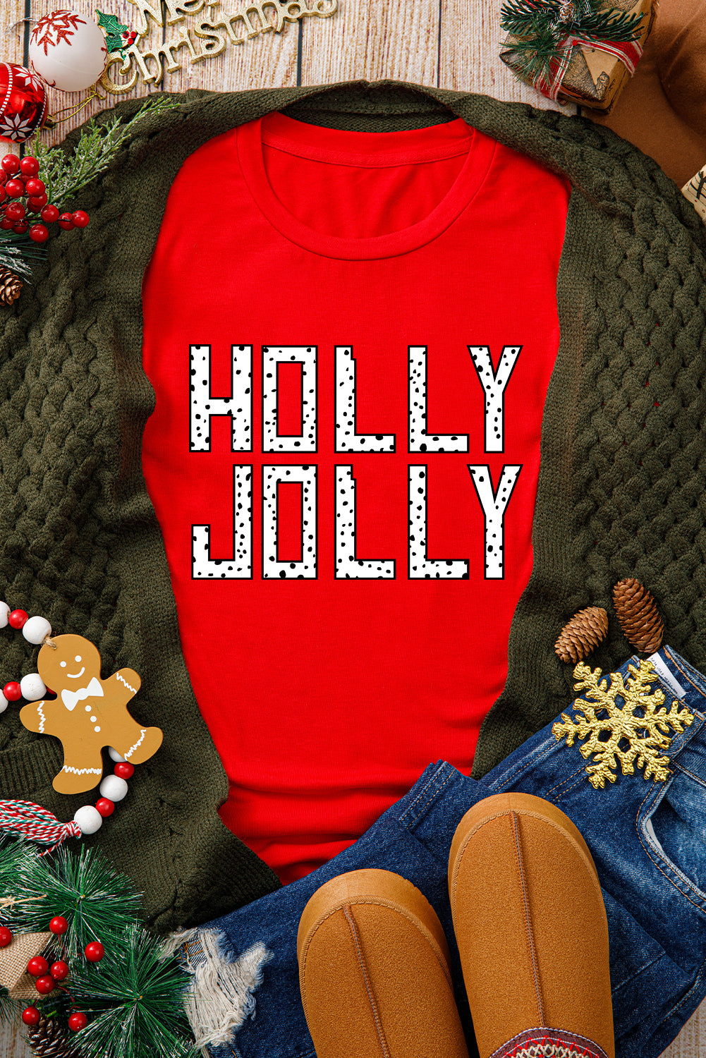 Red HOLLY JOLLY Letter Graphic Crew Neck T Shirt