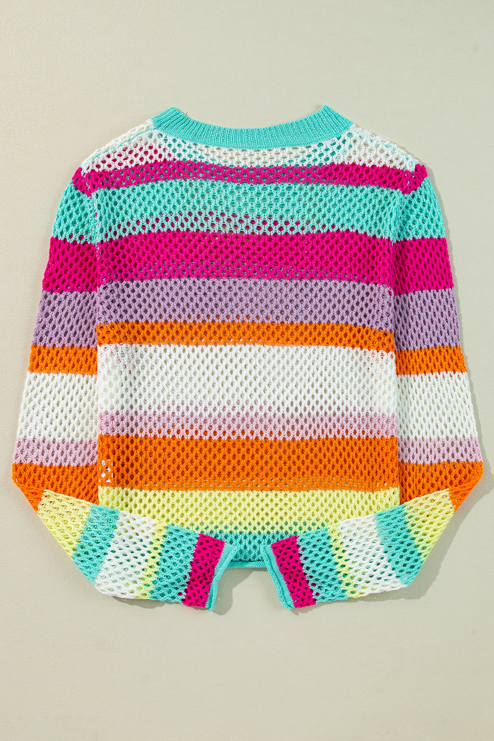 Green Colorblock Striped Hollow Knitted Top