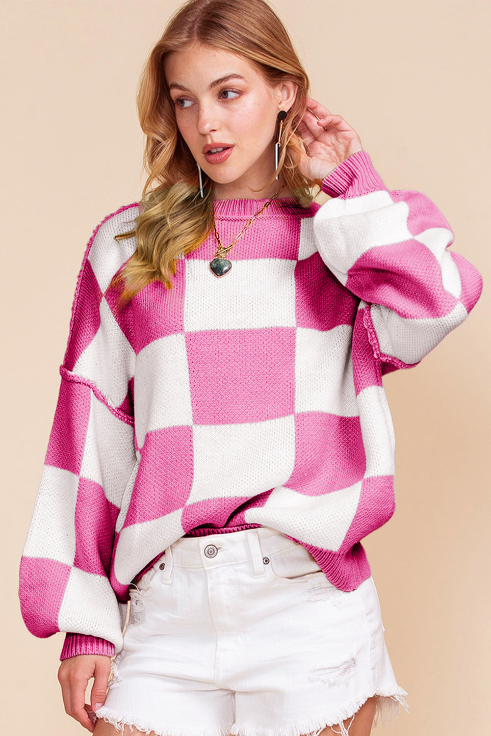 Checkered Bishop Sleeve Pullover Sweater