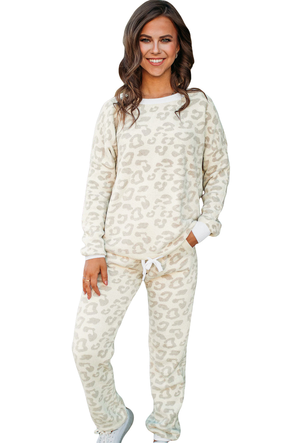 White Leopard Print Pullover and Drawstring Pants Loungewear Set