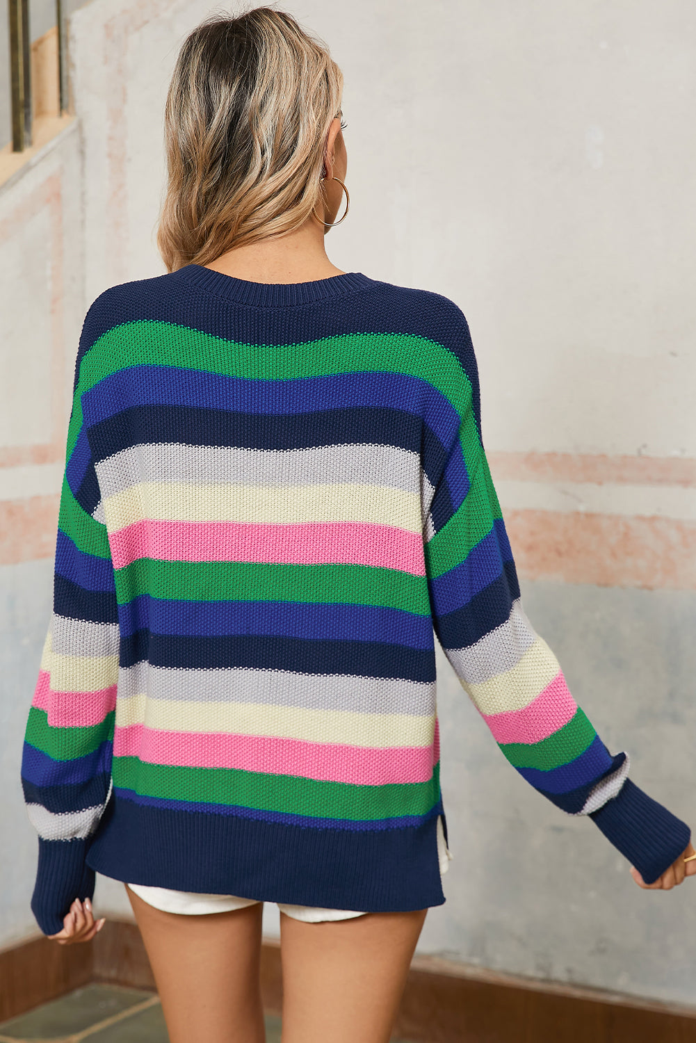 Bright Green Rainbow Striped Round Neck Drop Sleeve Sweater