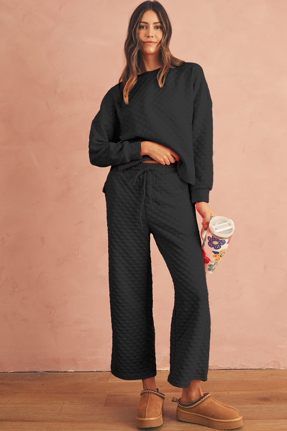 Black Textured Split Pullover Top and Pants Set