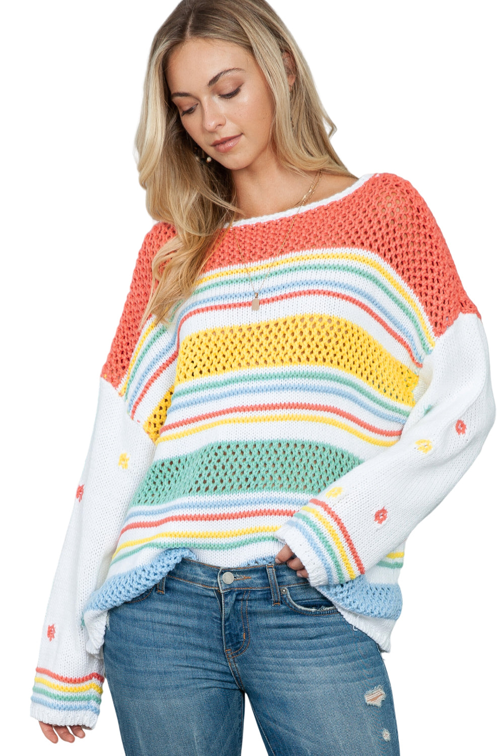 Multicolor Knitted Pullover Long Sleeve Cute Sweater