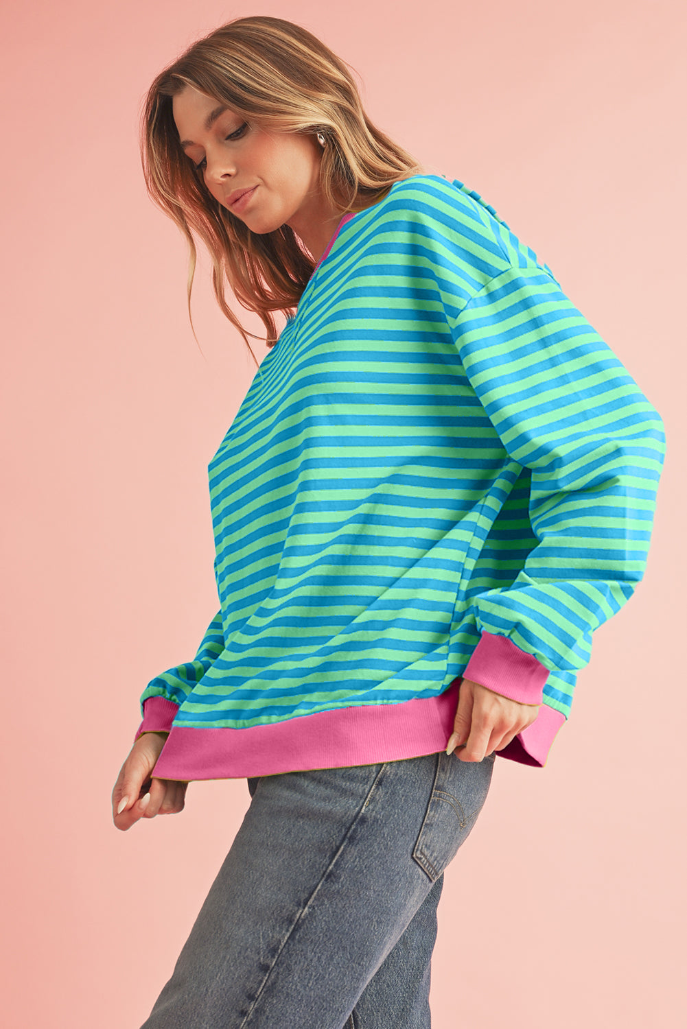 Red Stripe Contrast Edge Oversized Pullover