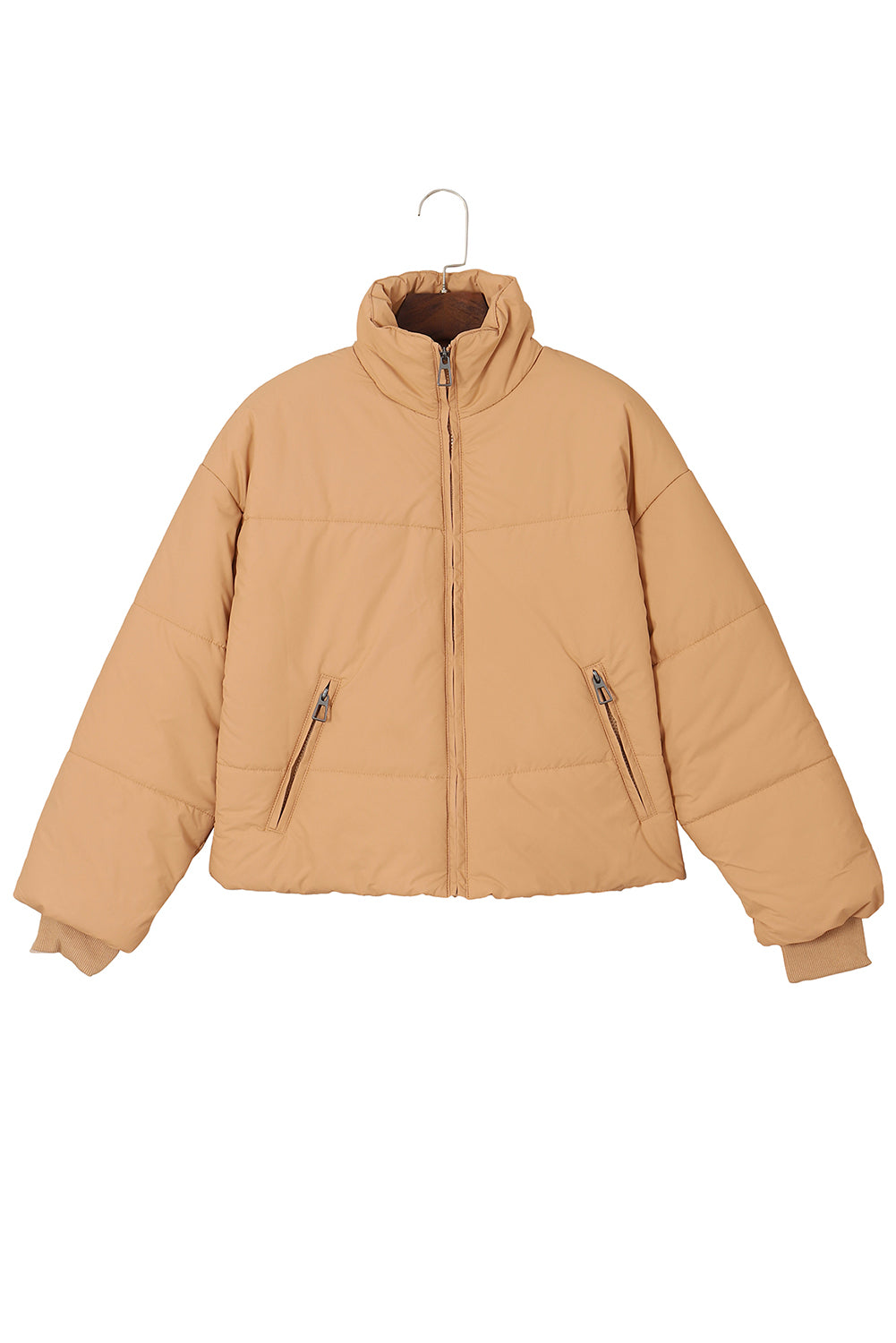 Brown Solid Zip Up Pocketed Puffer Coat