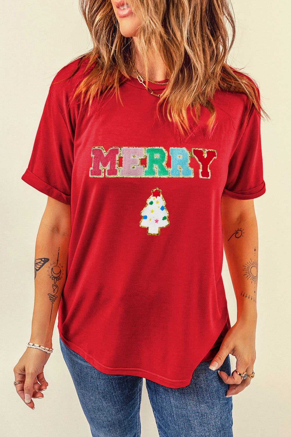 Red MERRY Christmas Tree Round Neck Tee