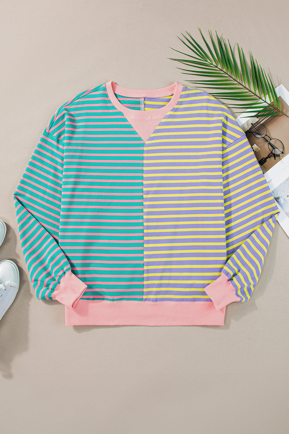 Stripe Colorblock Drop Shoulder Oversized Sweatshirt