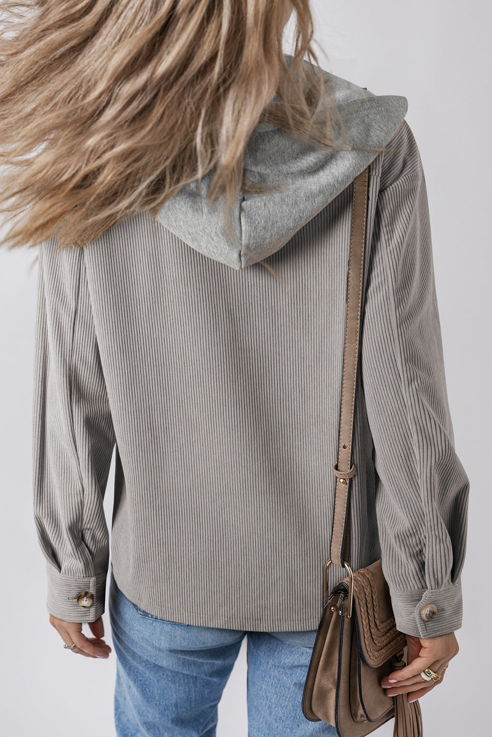 Pale Khaki Pockets Drawstring Hooded Corduroy Shacket