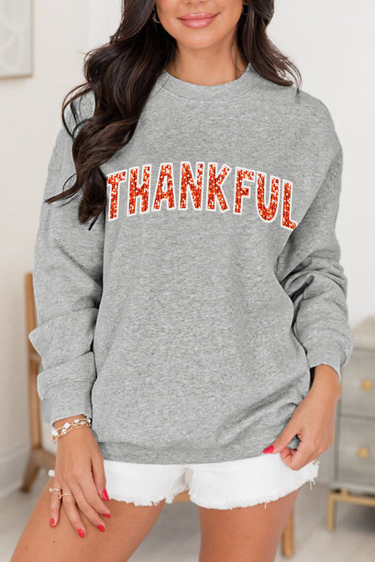 Gray THANKFUL Shiny Letter Printed Graphic Sweatshirt