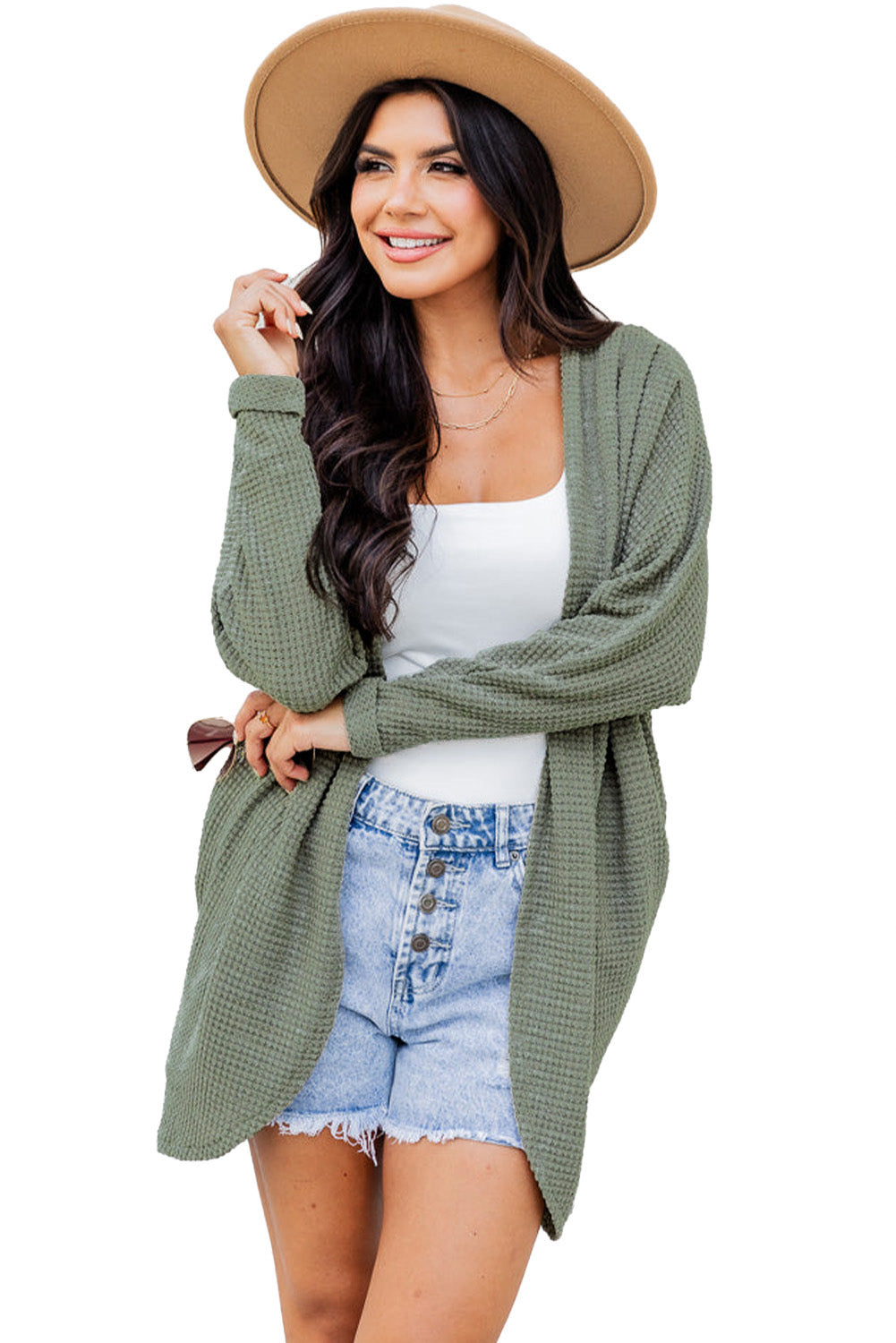 Laurel Green Waffle Knit Open Front Cardigan