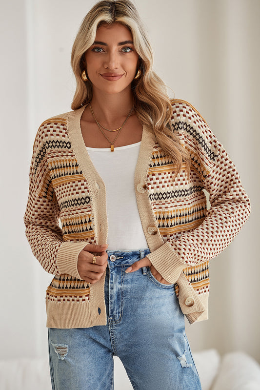 Khaki Geometric Pattern Button Front V Neck Cropped Cardigan