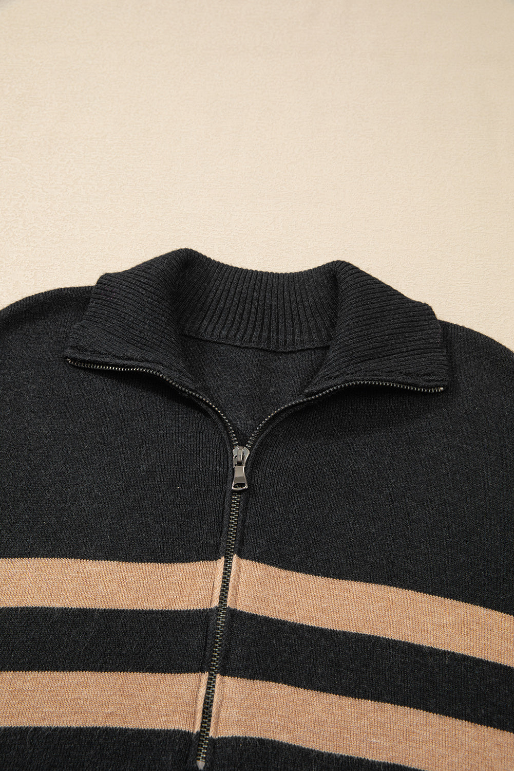 Black Striped Collared Quarter Zip Oversized Sweater