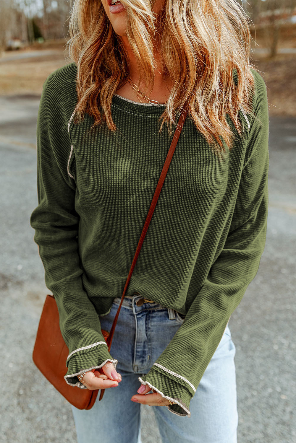 Textured Crewneck Long Sleeve Top