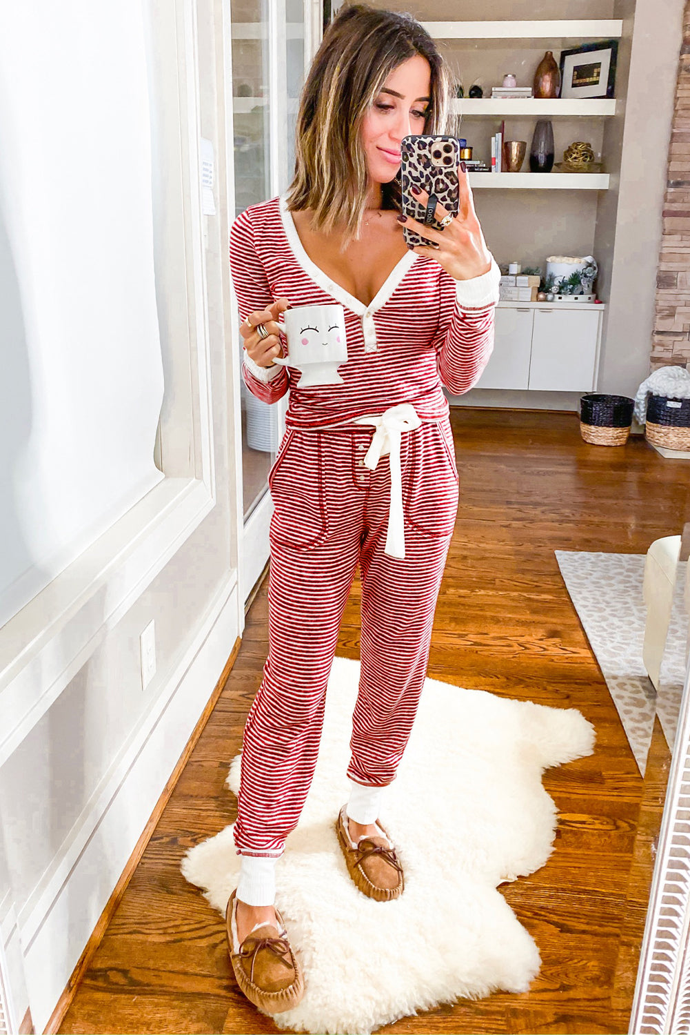 Striped Buttoned V Neck Top and Knotted Waist Pants Pajama Set