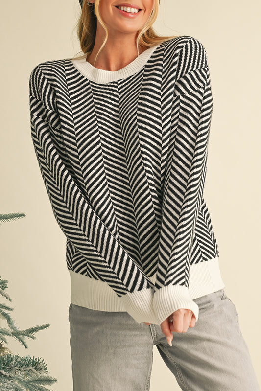 Black Contrast Edge Crew Neck Drop Shoulder Sweater