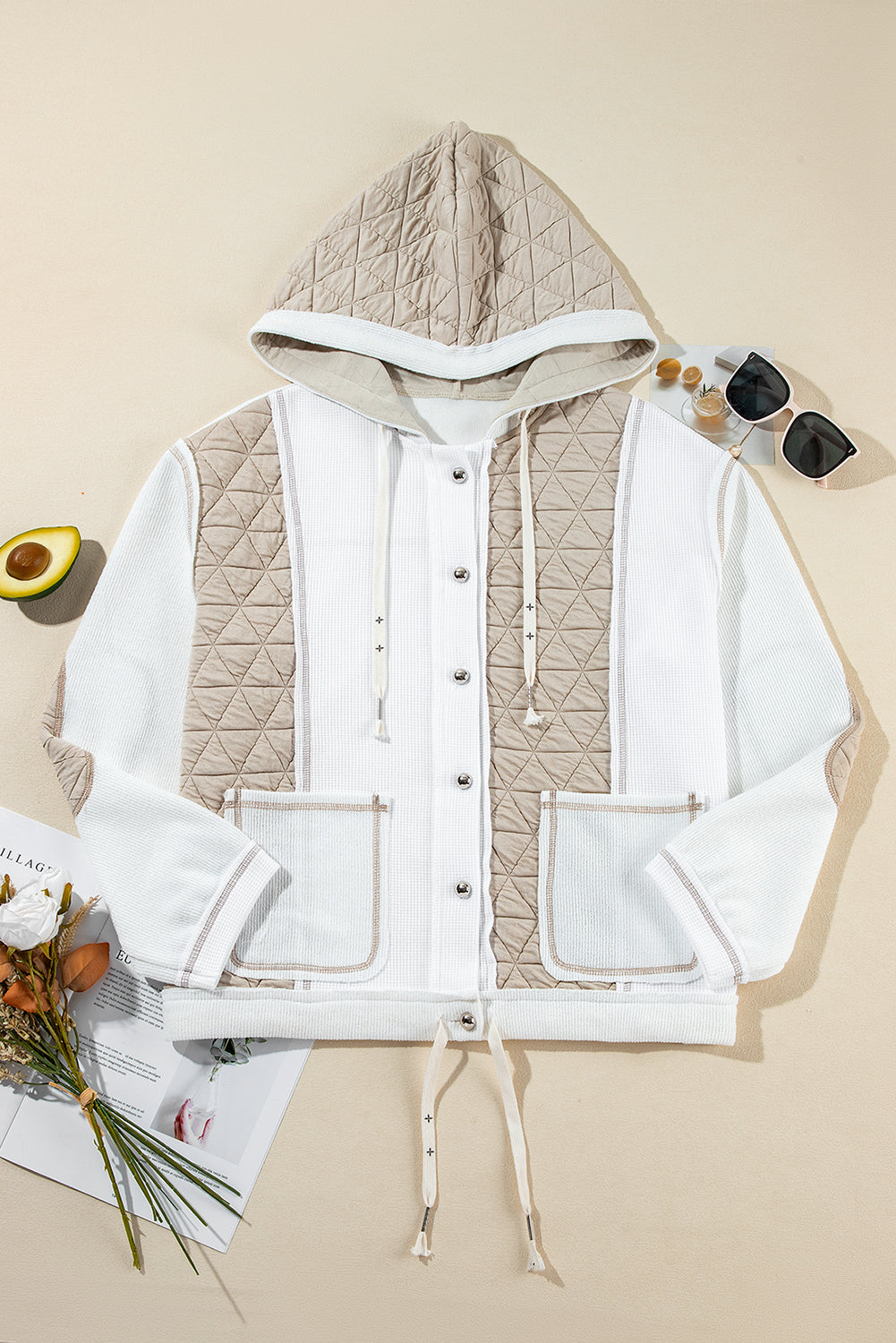 Light Blue Quilted Textured Patchwork Hooded Jacket