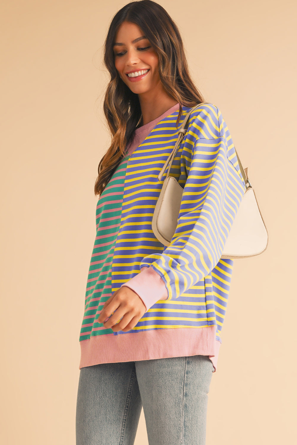 Stripe Colorblock Drop Shoulder Oversized Sweatshirt