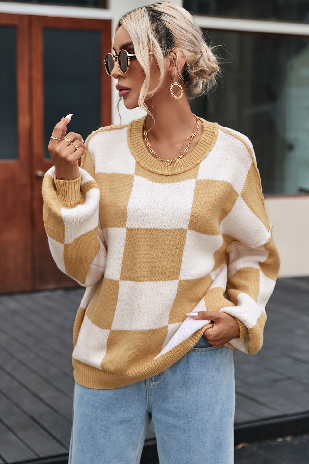 Checkered Bishop Sleeve Pullover Sweater