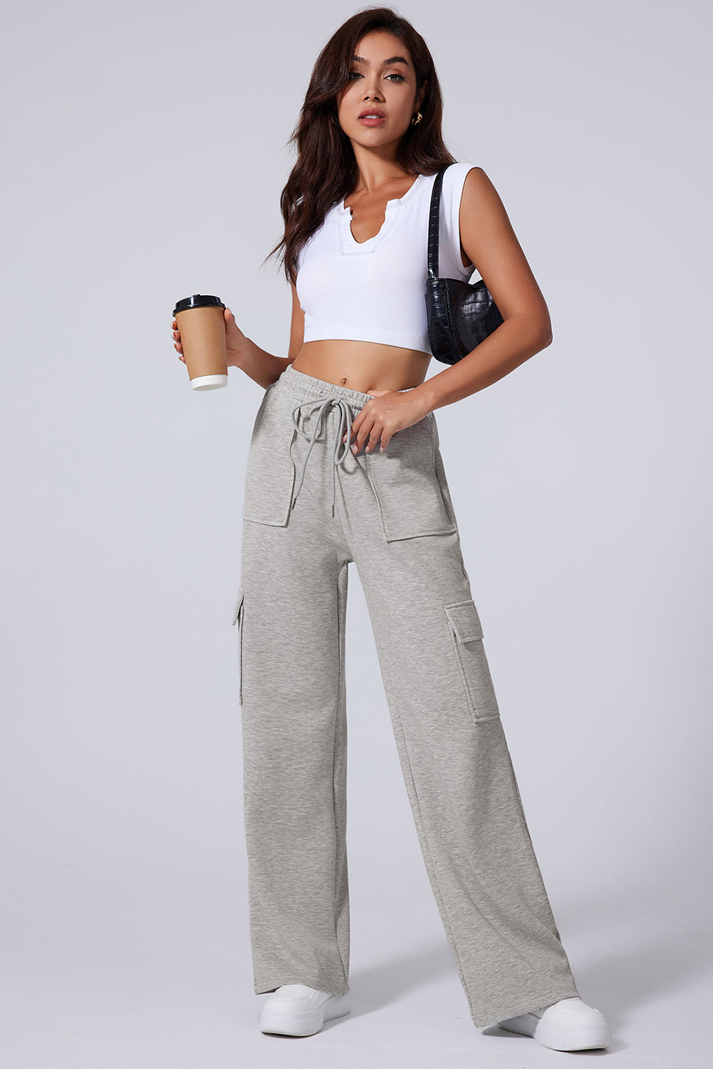 Light Grey Multi Pockets Lace Up High Waist Wide Leg Workout Pants