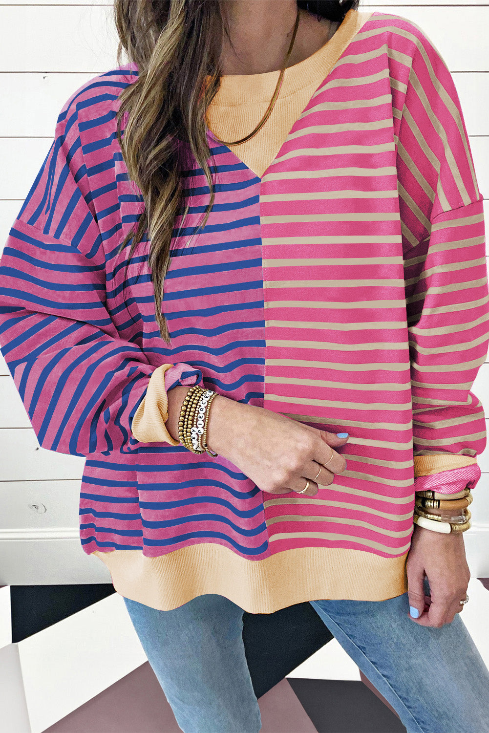 Stripe Colorblock Drop Shoulder Oversized Sweatshirt