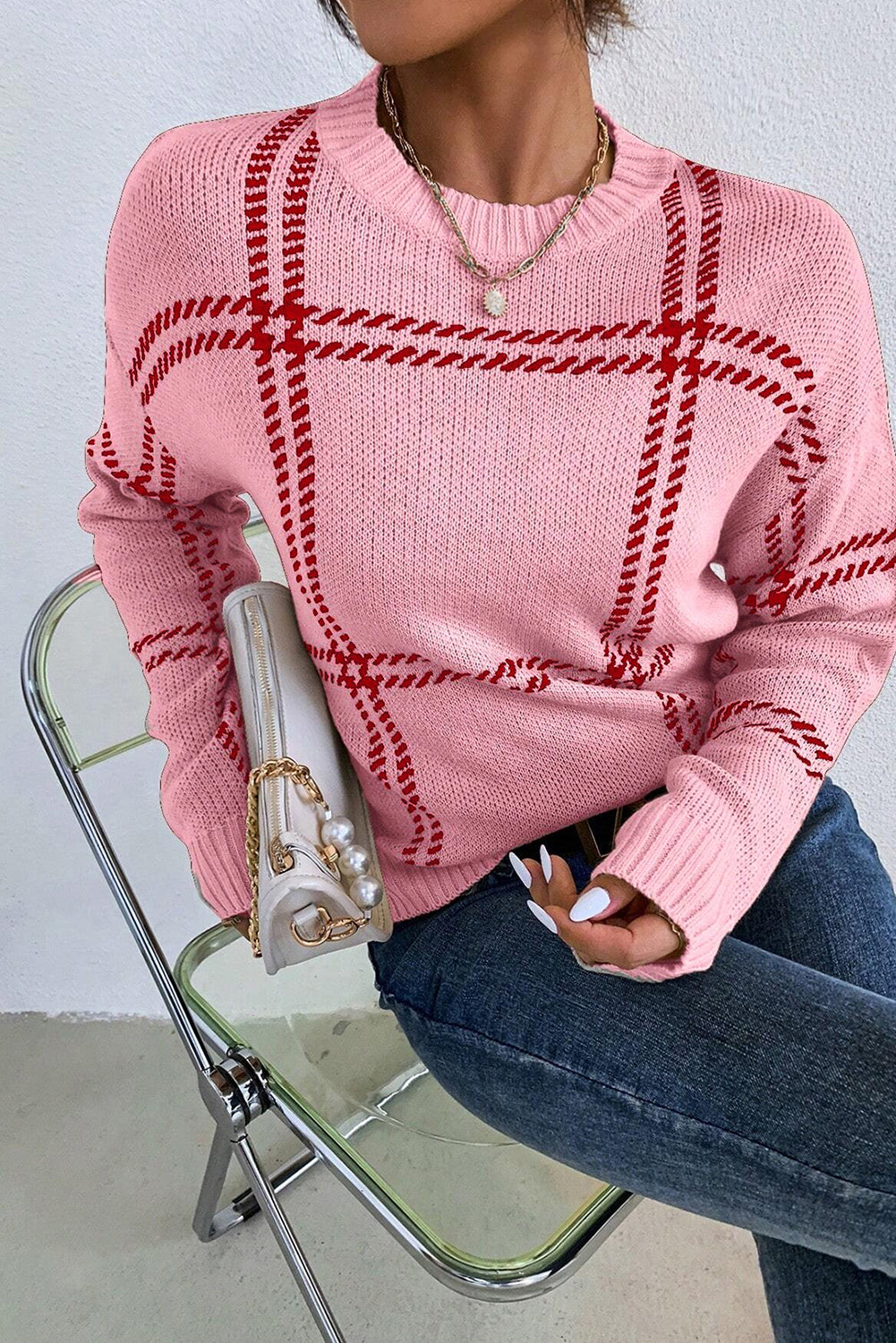 Khaki Plaid Pattern Knitted Drop Shoulder Sweater