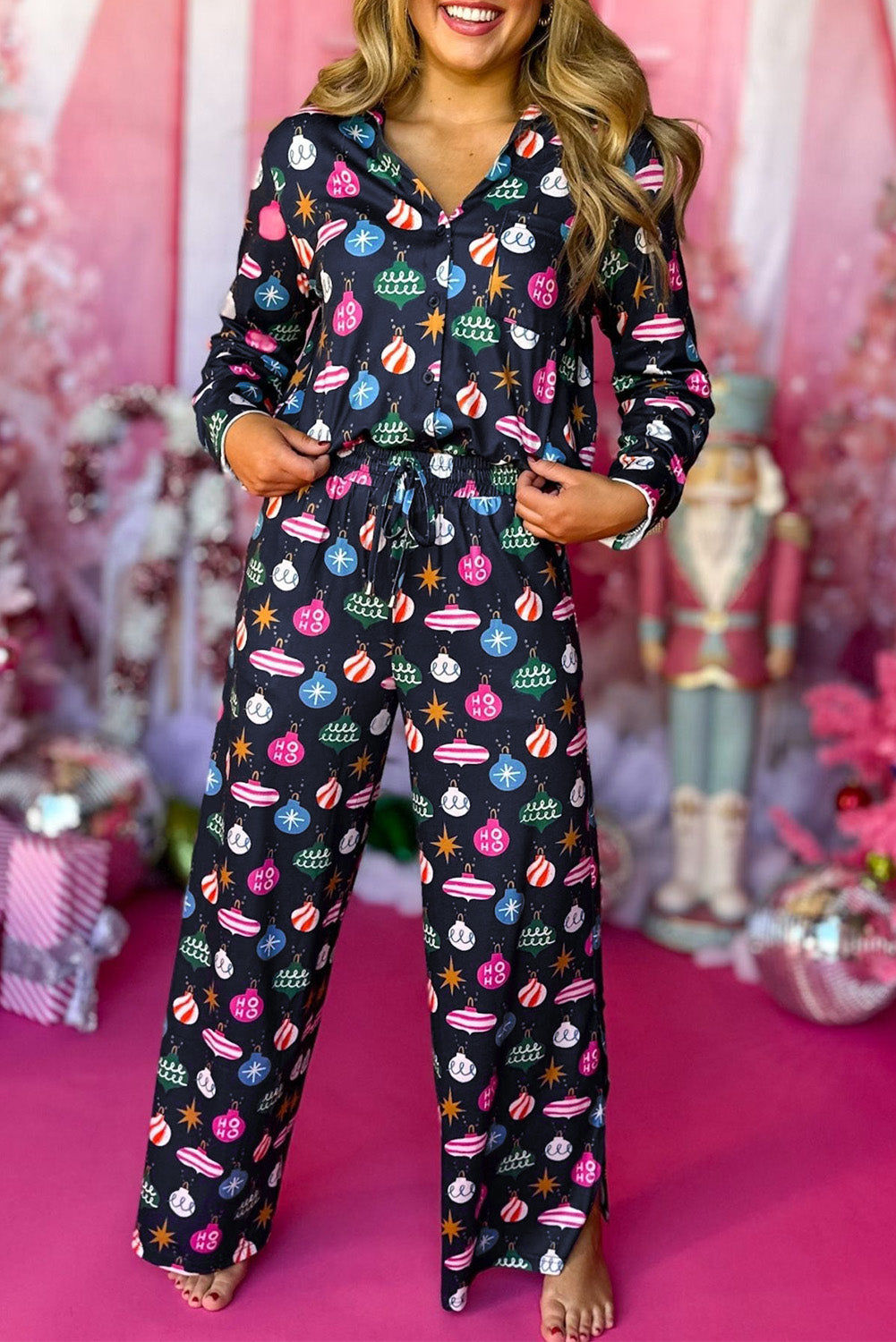 Colorful Christmas Lights Print Shirt and Pants Pajama Set