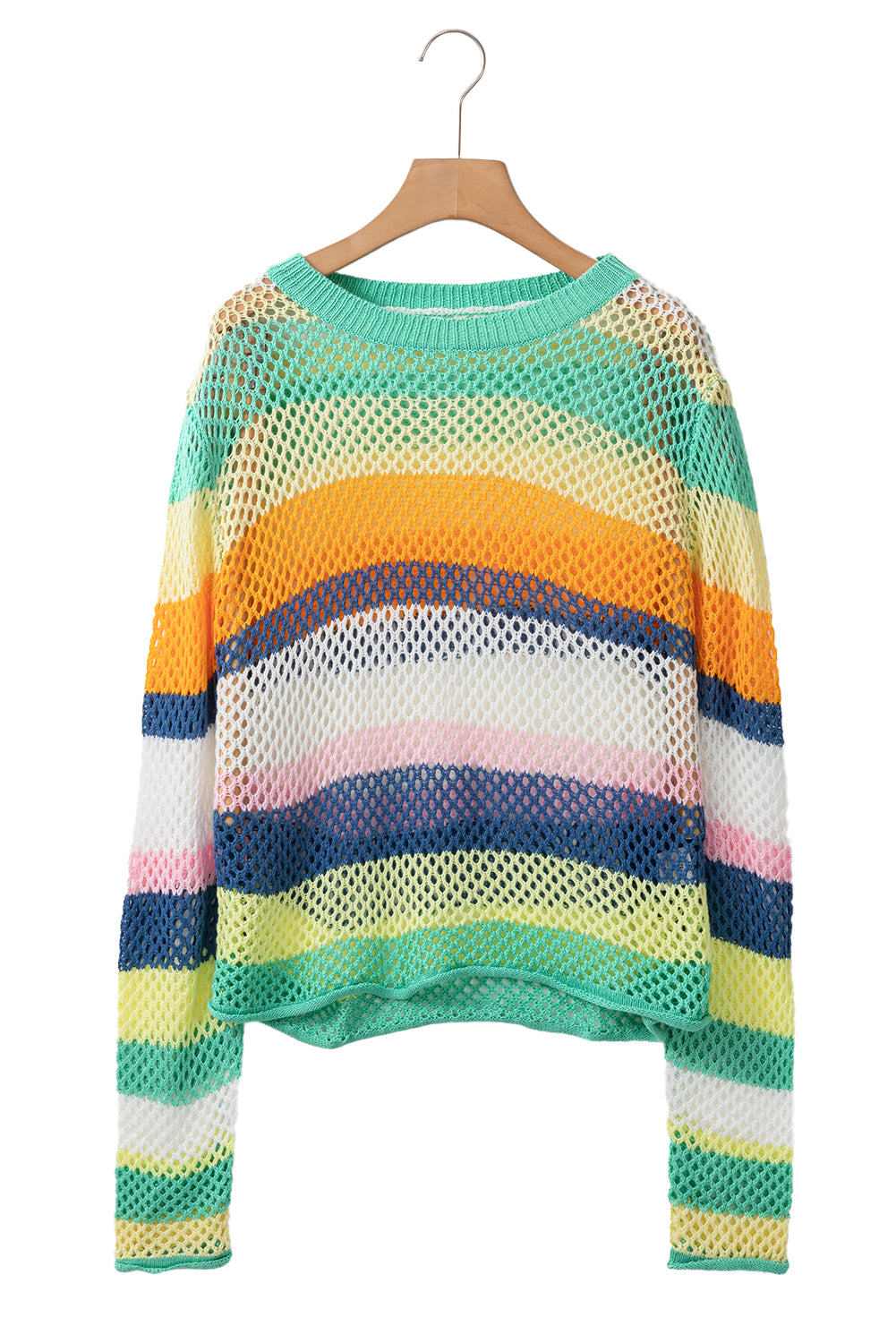 Green Colorblock Striped Hollow Knitted Top