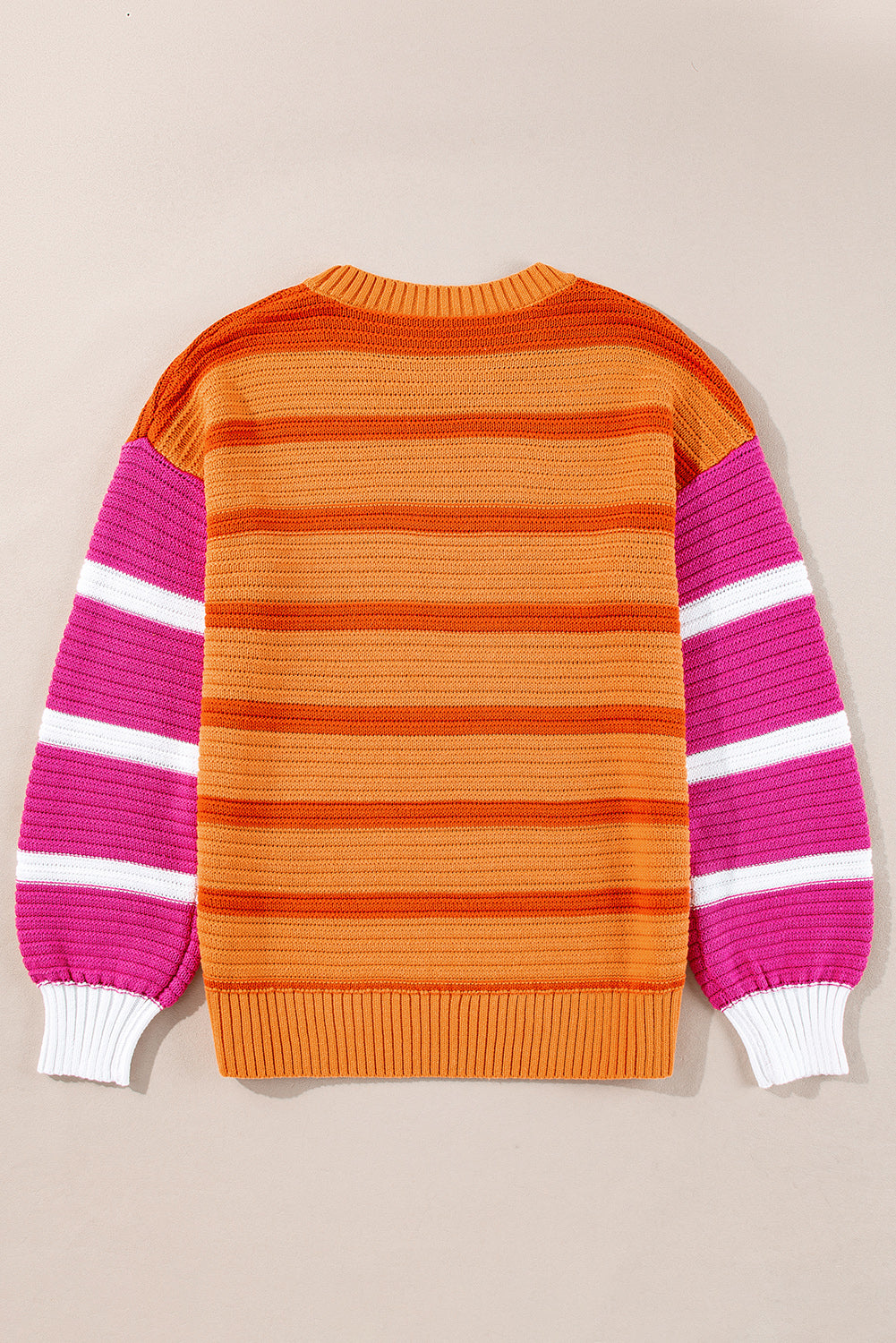 Orange Striped Colorblock Puff Sleeve Sweater