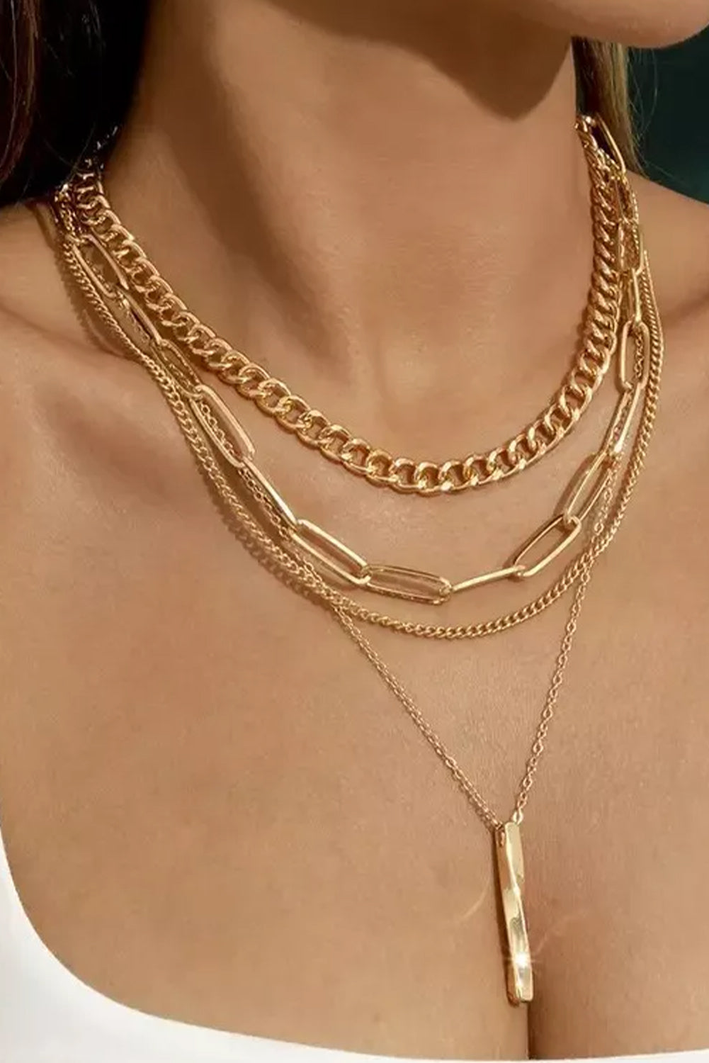 Gold Multi Layered Bar Pendant Minimalist Link Chain Necklace