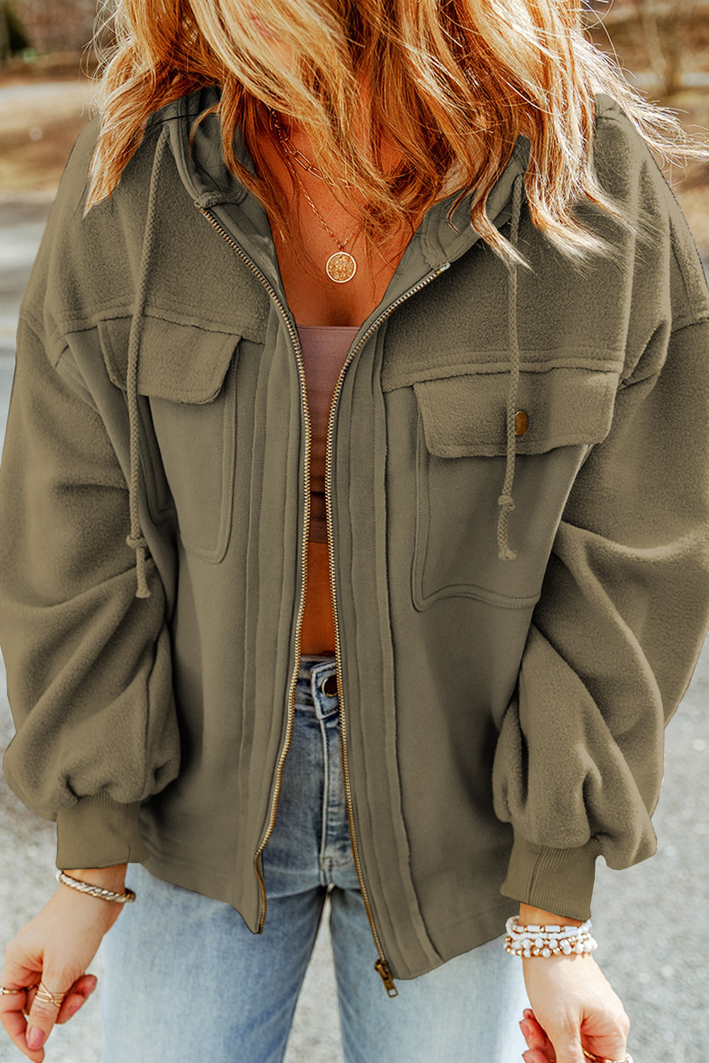 Tan Bishop Sleeve Zip Up Flap Pockets Hoodie Jacket