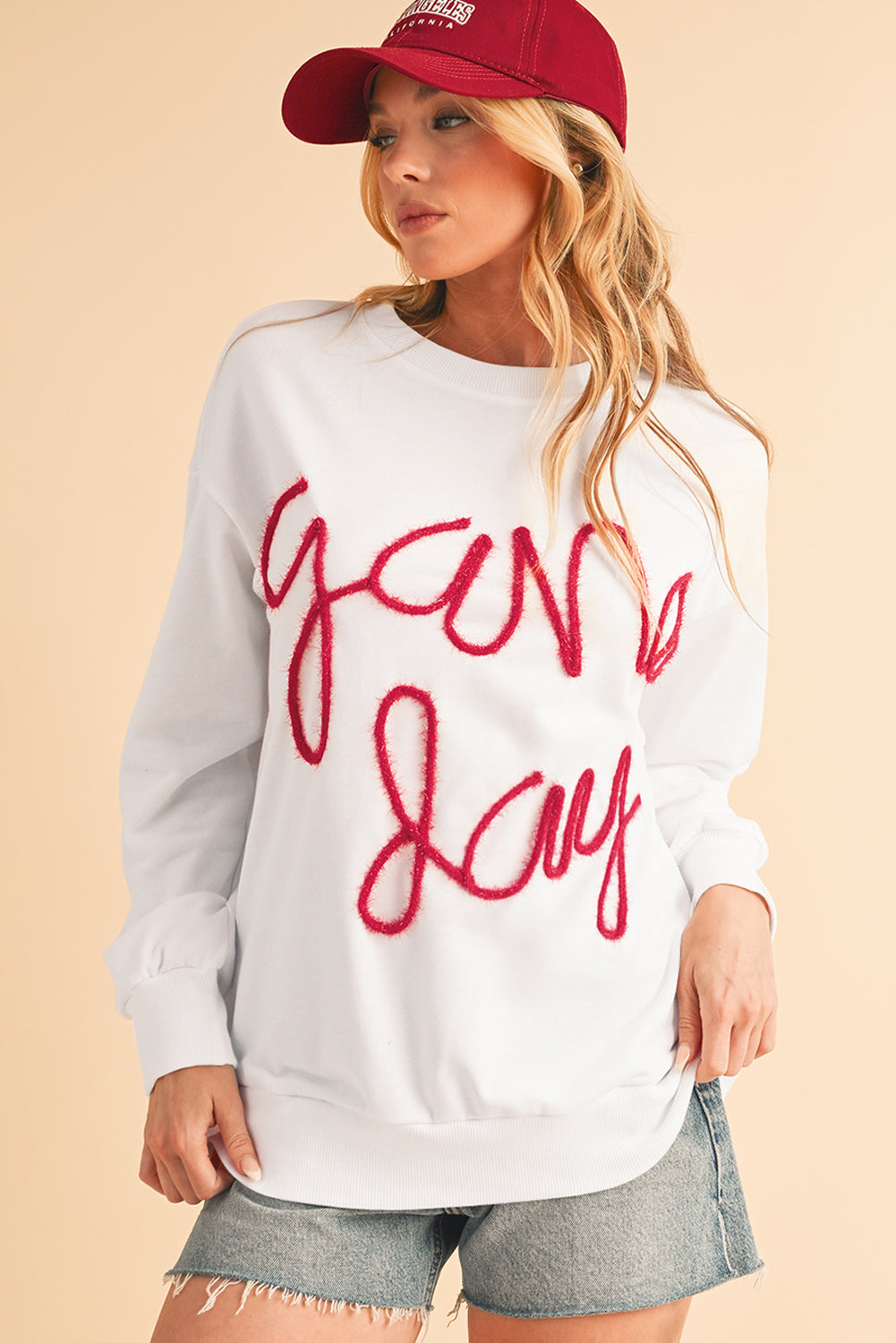 White Tinsel Game Day Drop Shoulder Sweatshirt