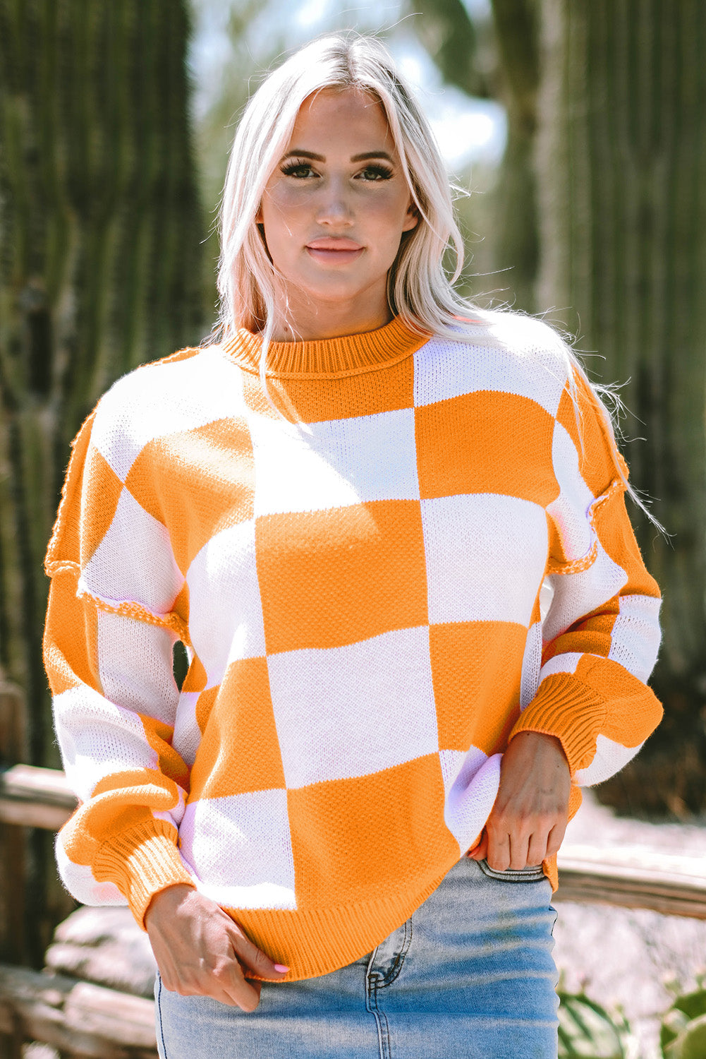 Checkered Bishop Sleeve Pullover Sweater